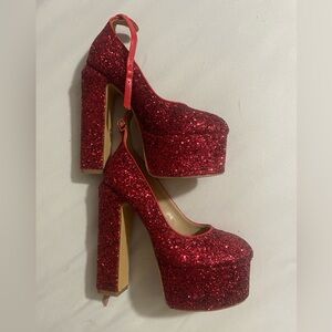 Red Glitter Platform Heels with Ankle Strap